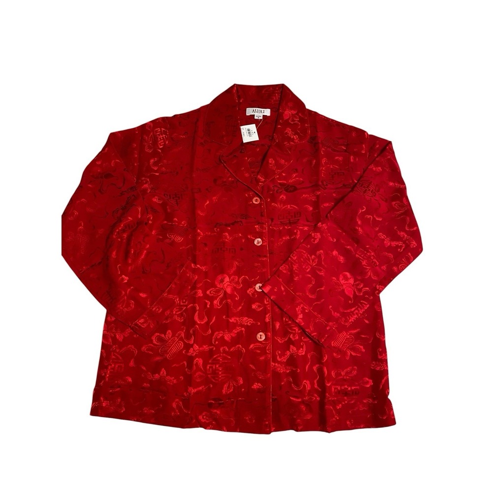 ⁠ASILK 100% Silk Pajamas Set Women M Red Jacquard Brocade Loungewear NWT - Picture 2 of 11